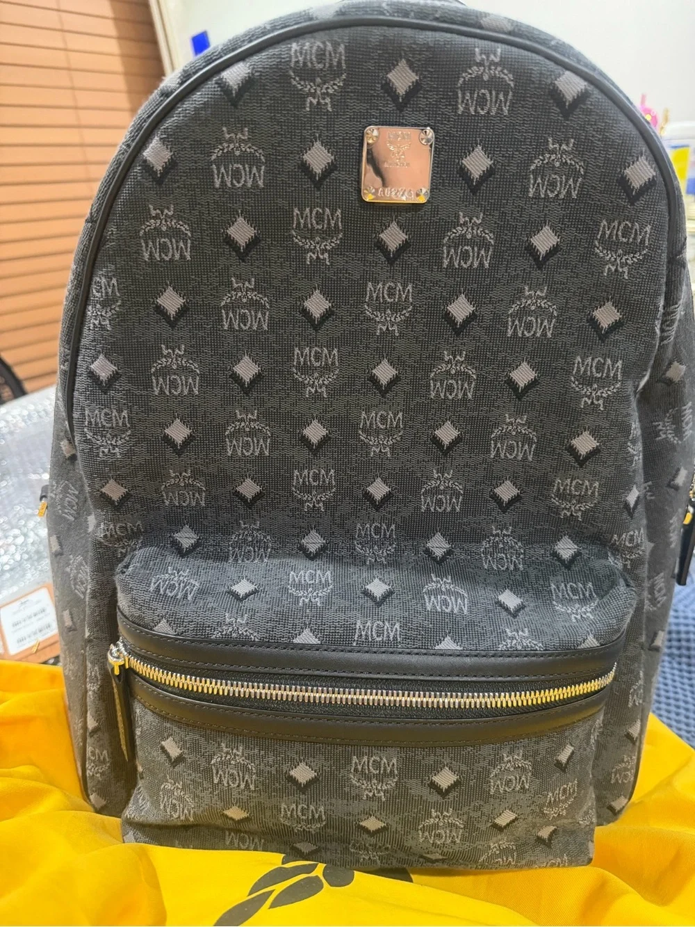 MCM Black Logo Jacquard Backpack with Gold Plate